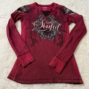 Vtg Y2K Sinful Black & Red Thermal Top Crystal Studded Grunge Women’s Small